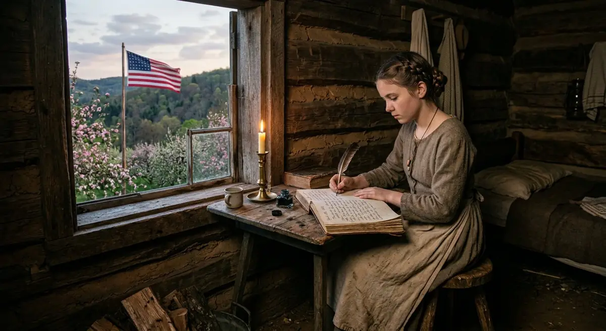 Illustration of a girl writing in a diary at a cabin window, apple trees blooming outside