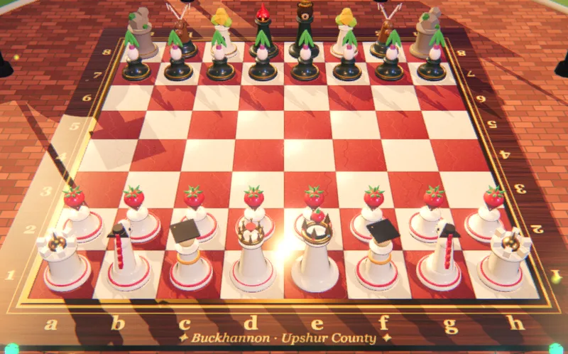 A 3D chessboard on a brick plaza: strawberry pieces facing ramp pieces, with bear and cardinal royalty.