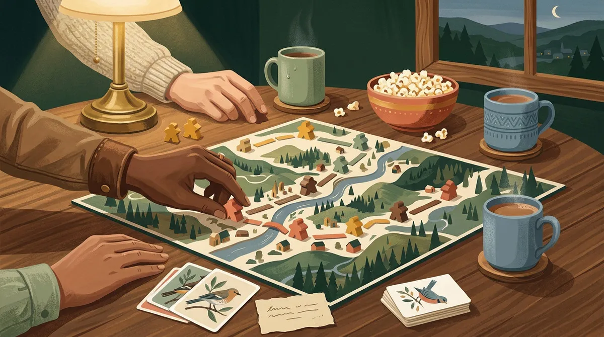 An illustrated kitchen-table game night: neighbors moving pieces on a map board with mugs of cocoa and a bowl of popcorn, hills outside the window.
