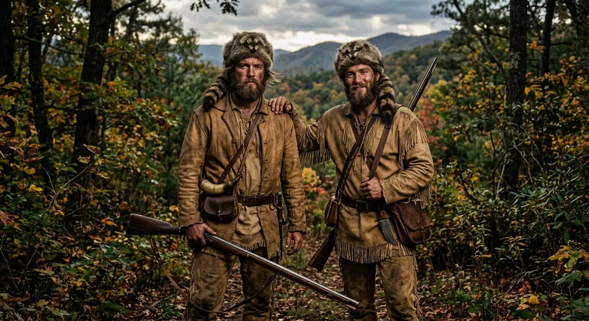 Illustration of two frontiersmen at a campfire